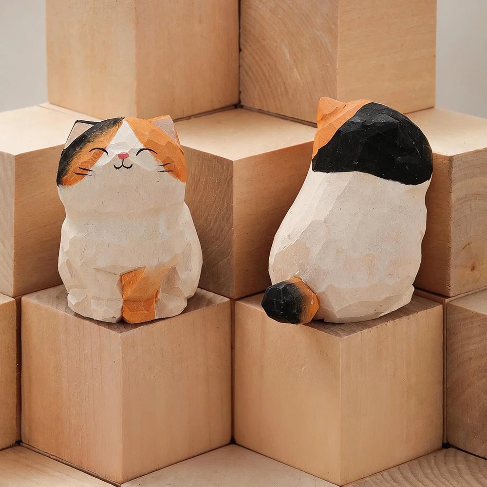 Set of 13 Hand-Carved Wooden Cat Figurines – Basswood Kitty Statues for Desk, Shelf, Car & Home Decor