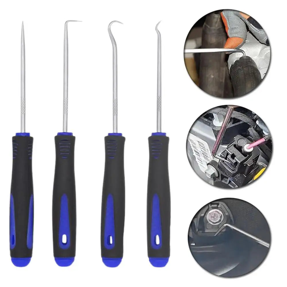 4-Piece Car Oil Seal Hook Tool Set - O-Ring Gasket Puller & Hose Remover, Blue TPR Handles, 165mm (6.5 in) & 240mm (9.45 in)