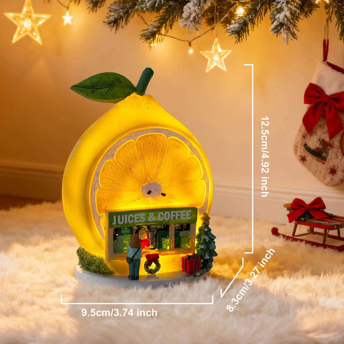 Lemon-Shaped LED Light-Up Christmas Ornament - Juices & Coffee Shop Snowy Village Figurine