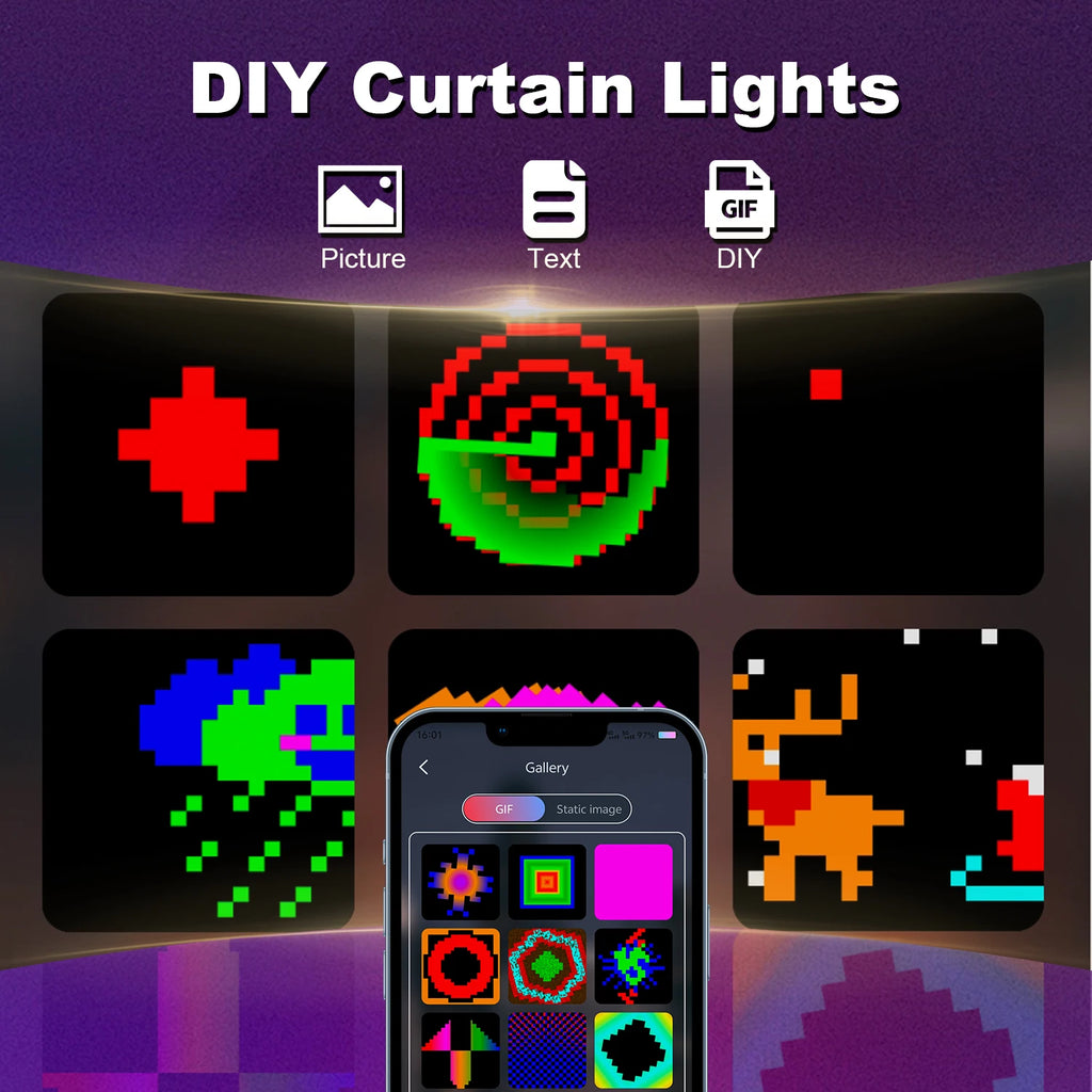 LED Smart Curtain Lights 400-LED RGB Fairy Curtain – App & Music Sync, Remote, IP65 Waterproof (3m×3m / 9.8×9.8ft • 2m×2m / 6.6×6.6ft • 1m×1m / 3.3×3.3ft)