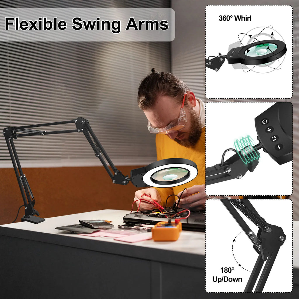 Adjustable Swing-Arm Magnifying Lamp 5X/10X with 110mm Lens, 5-Color Touch LED Clamp Light for Reading Jewelry Repair Electronics