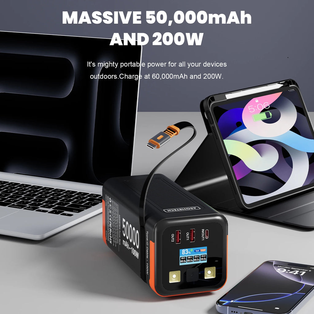 50,000mAh 100W Portable Power Bank with Retractable USB-C Cable – PD PPS Fast Charging for Phones & Laptops