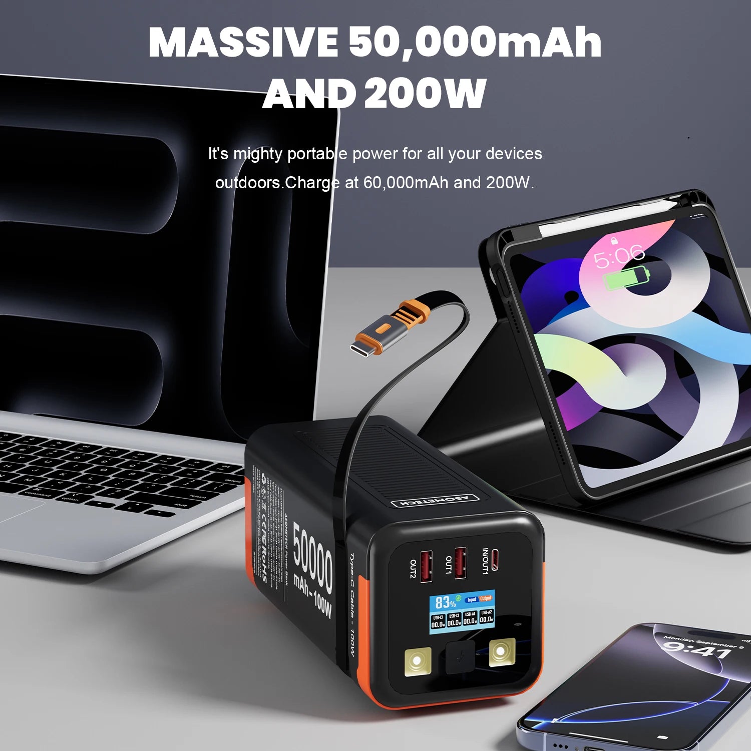 50,000mAh 100W Portable Power Bank with Retractable USB-C Cable – PD PPS Fast Charging for Phones & Laptops