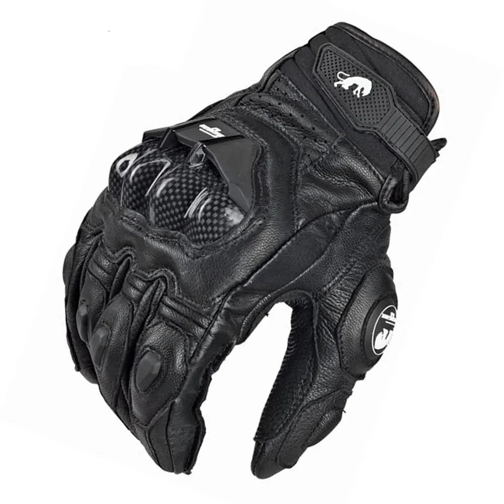 Black/White Leather Motorcycle Gloves — Waterproof Racing Riding Gloves for Men, Breathable Protective Biker Gloves
