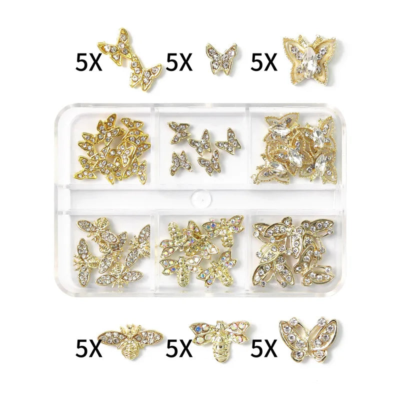 6-Grid Nail Rhinestone Kit – Saturn, Planet & Cross Crystal Nail Charms for Nail Art