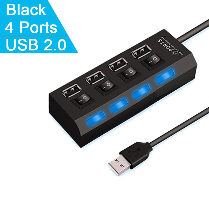 High-Speed USB 2.0 Hub — 4 or 7-Port USB Splitter with Individual On/Off Switches & LED Indicator for PC Laptop