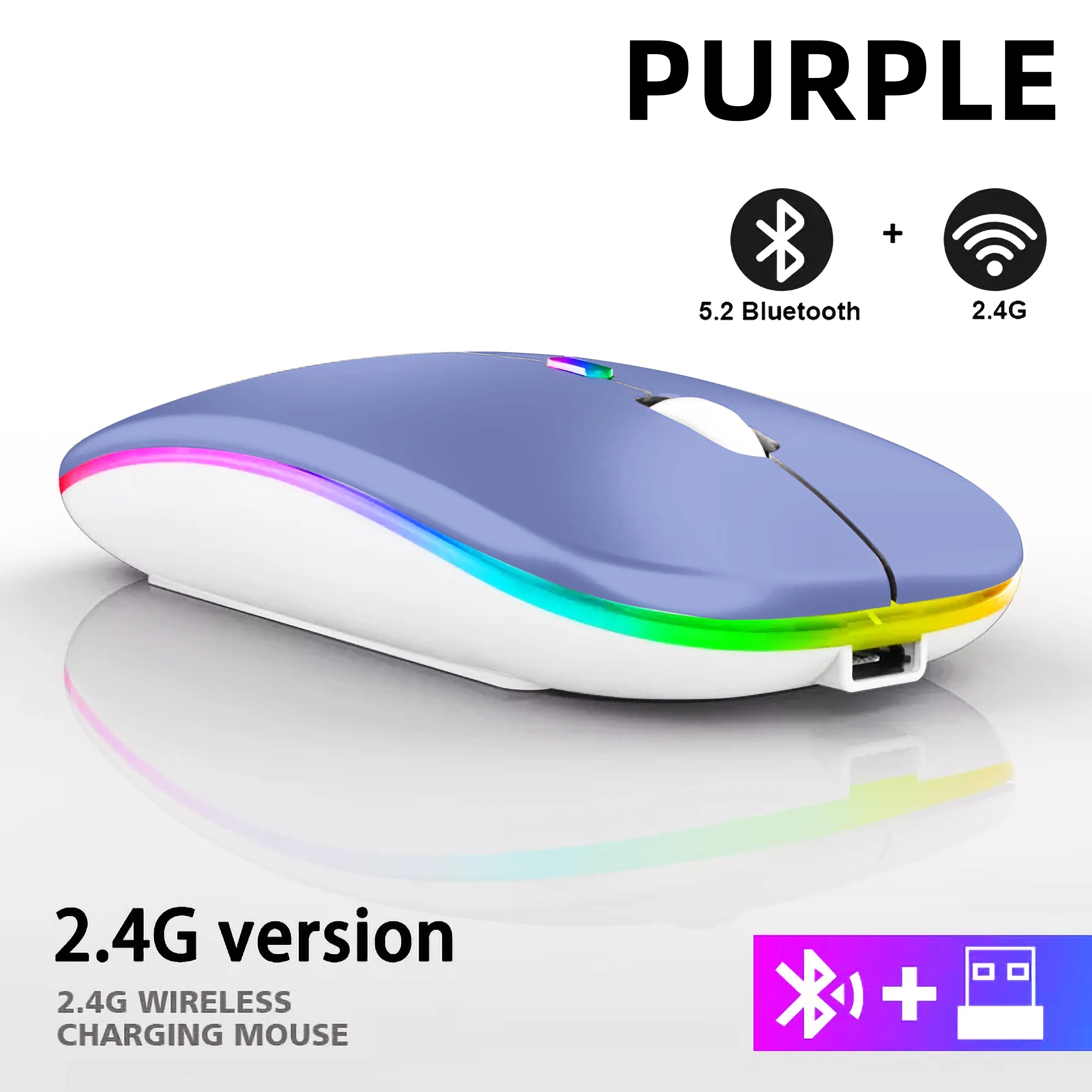 Rechargeable Dual-Mode Wireless Mouse — Bluetooth & 2.4GHz USB Receiver, RGB Backlight, 1600 DPI for Laptop PC MacBook Tablet