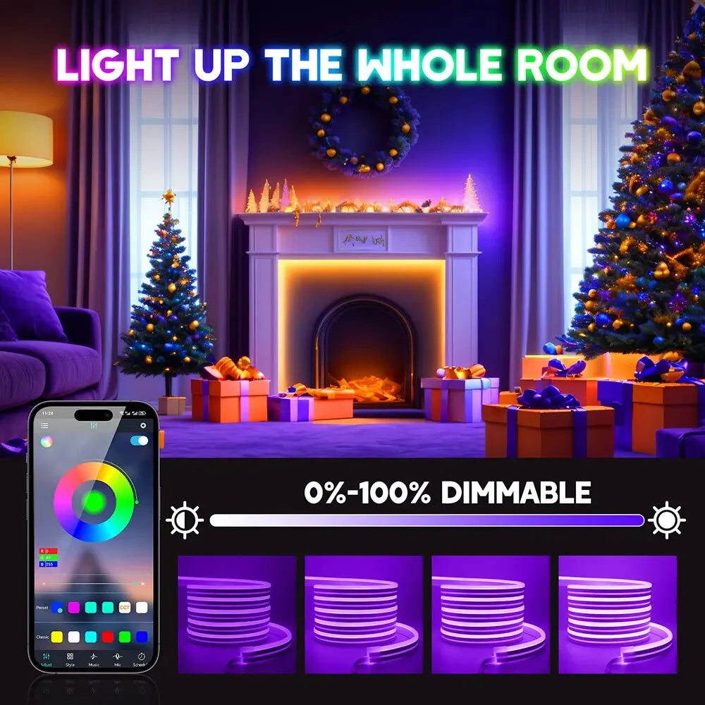 24V RGB LED Neon Strip Light – 5m/16.4ft, 10m/32.8ft, 15m/49.2ft, 20m/65.6ft, 30m/98.4ft | Bluetooth App & 24/44-Key Remote, Music Sync, 60 LED/m, IP67 Waterproof