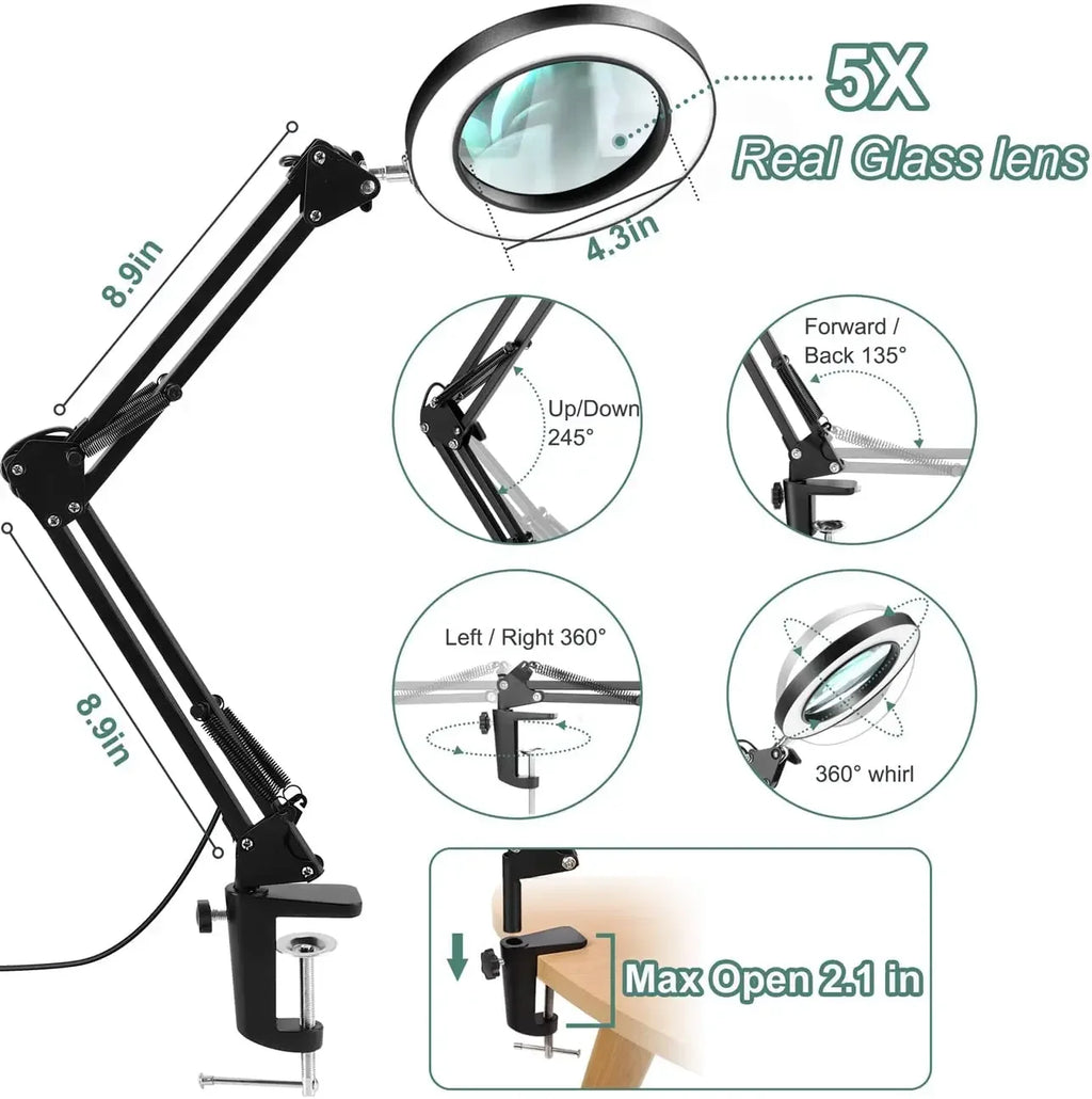 5X LED Magnifying Lamp with 4.3-inch (110 mm) Lens — 72 LED USB Dimmable 3-Color Clamp Magnifier for Soldering, Reading, Beauty & Crafts
