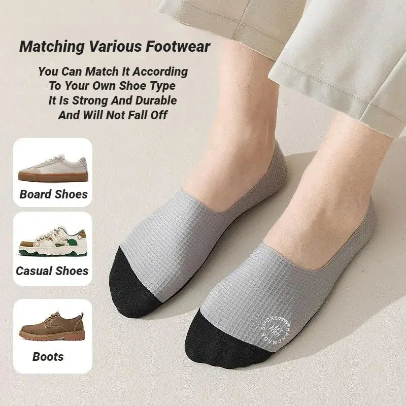 3 Pairs Men's No-Show Waffle Pattern Boat Socks – Breathable Ice Silk Mesh, Sweat-Absorbing, Non-Slip Silicone Heel