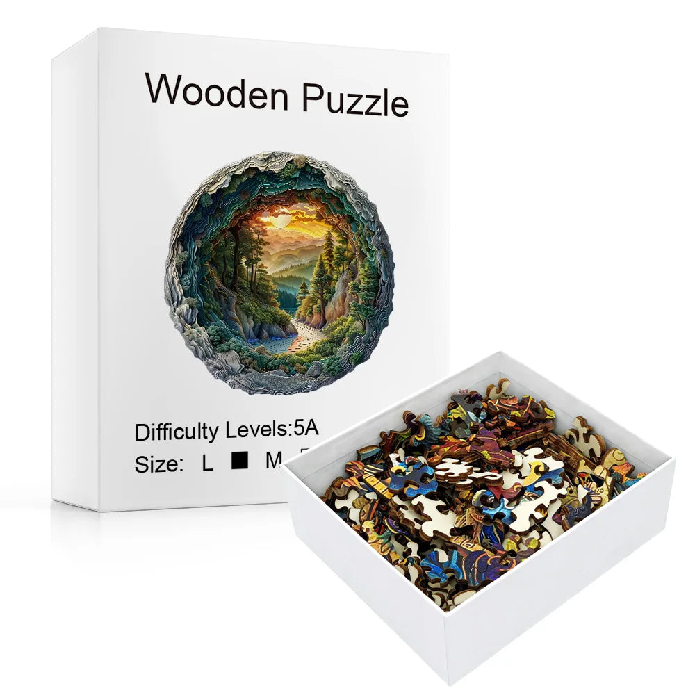 Wooden Jigsaw Puzzle for Adults, Winter Forest River Sunset, Flat 3D Visual Effect