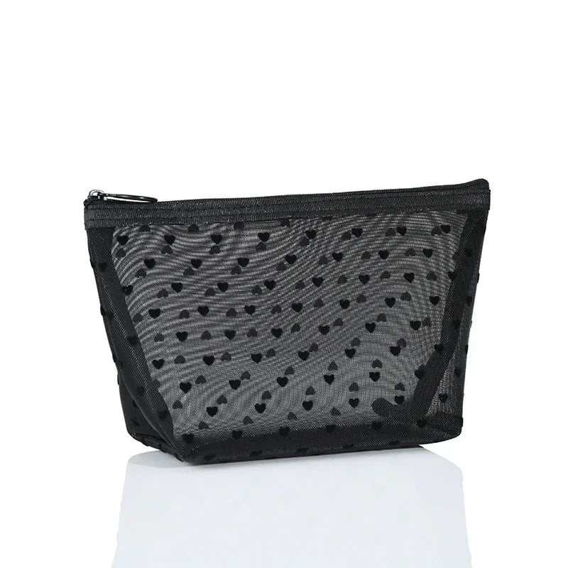 Heart-Shaped Mesh Cosmetic Bag - Zipper Toiletry Makeup Pouch for Women, Coin & Lipstick Organizer