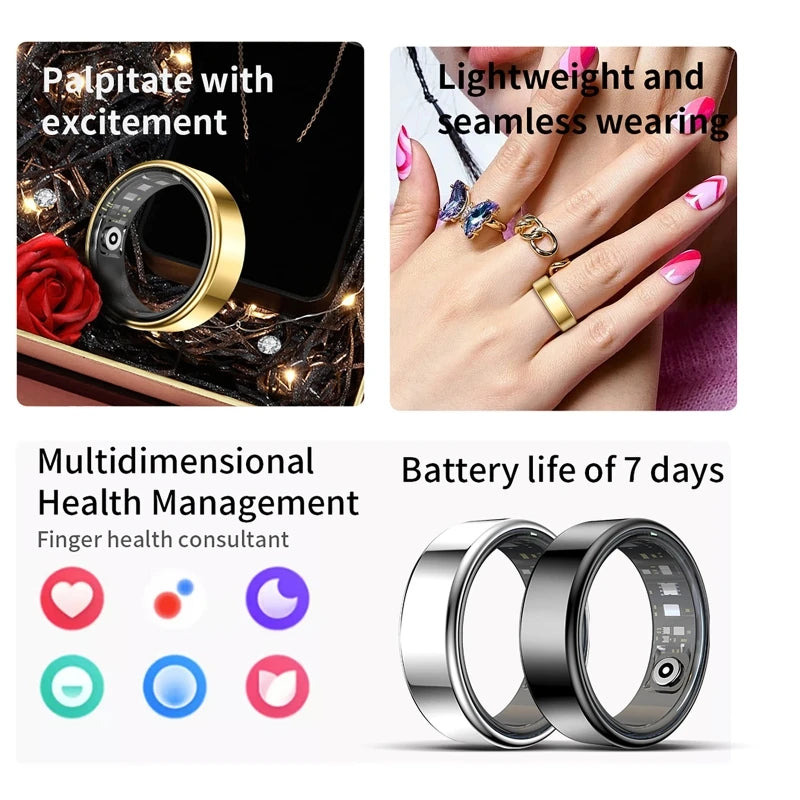 Unisex Smart Ring Health Tracker with Charging Case – Heart Rate & SpO2, Skin Temperature, Bluetooth Call, 5ATM Waterproof for Android & iOS