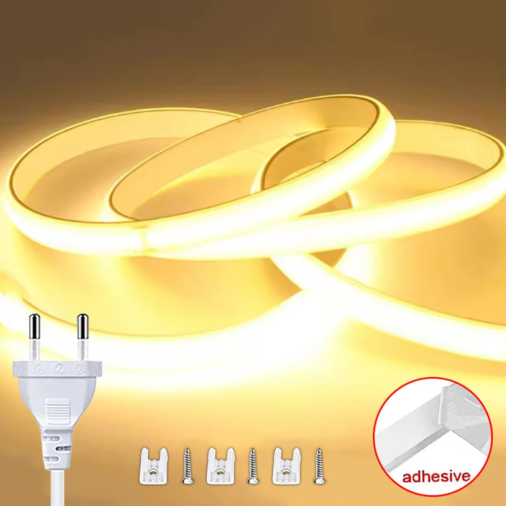 COB LED Strip Light 220V EU Plug Waterproof Flexible Tape High Brightness for Bedroom, Outdoor & Garden