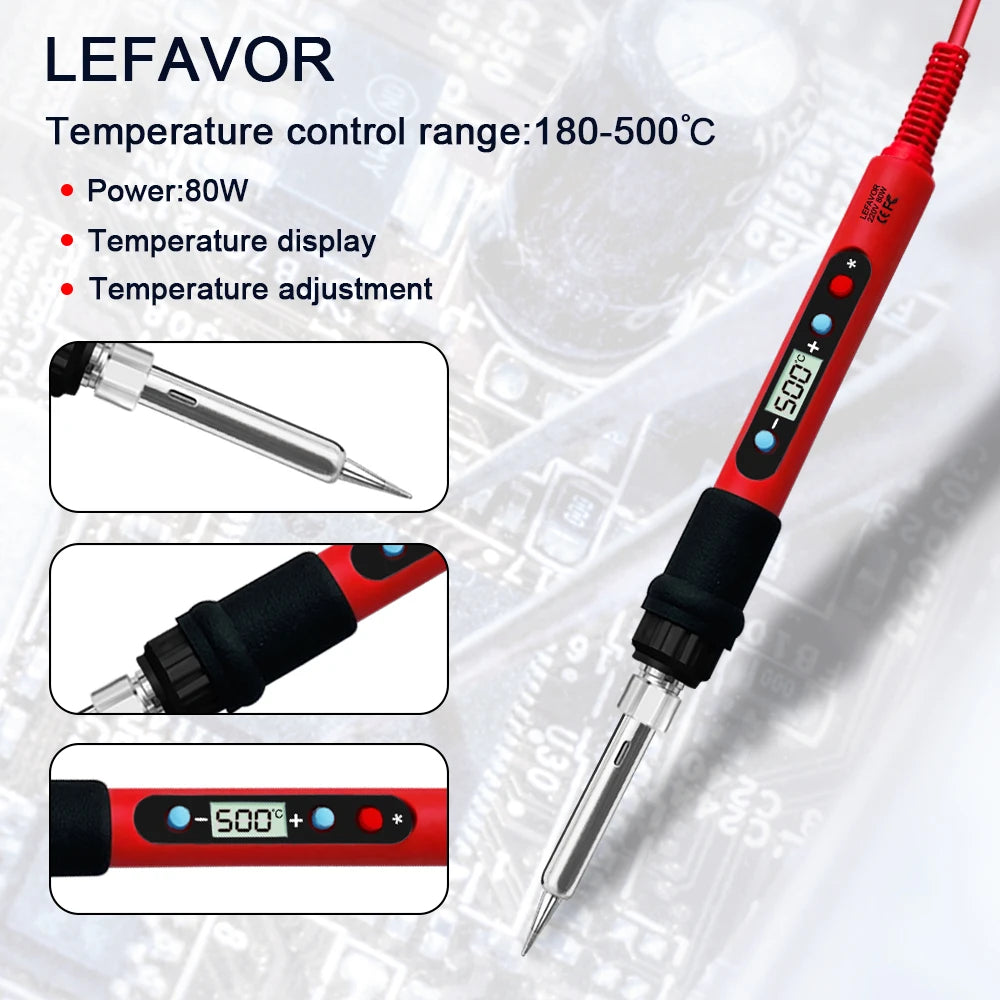 80W Adjustable Temperature Soldering Iron Kit with LCD, Ceramic Heater, Soldering Tips, Tweezers & Solder Wire