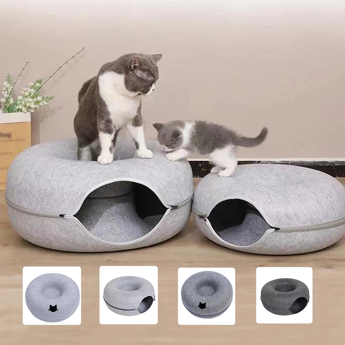 Donut Tunnel Cat Bed – Interactive Felt Cat House, Washable Zipper Design, All-Season Cozy Kitty Bed (M: 50 x 50 x 20 cm / 19.7 x 19.7 x 7.9 in; L: 60 x 60 x 28 cm / 23.6 x 23.6 x 11.0 in)
