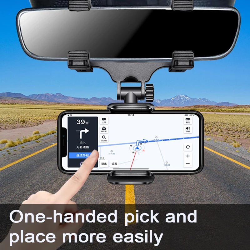 Rearview Mirror Phone Holder – 360° Rotating Universal Car Phone Mount, Stable Grip for Smartphone Navigation