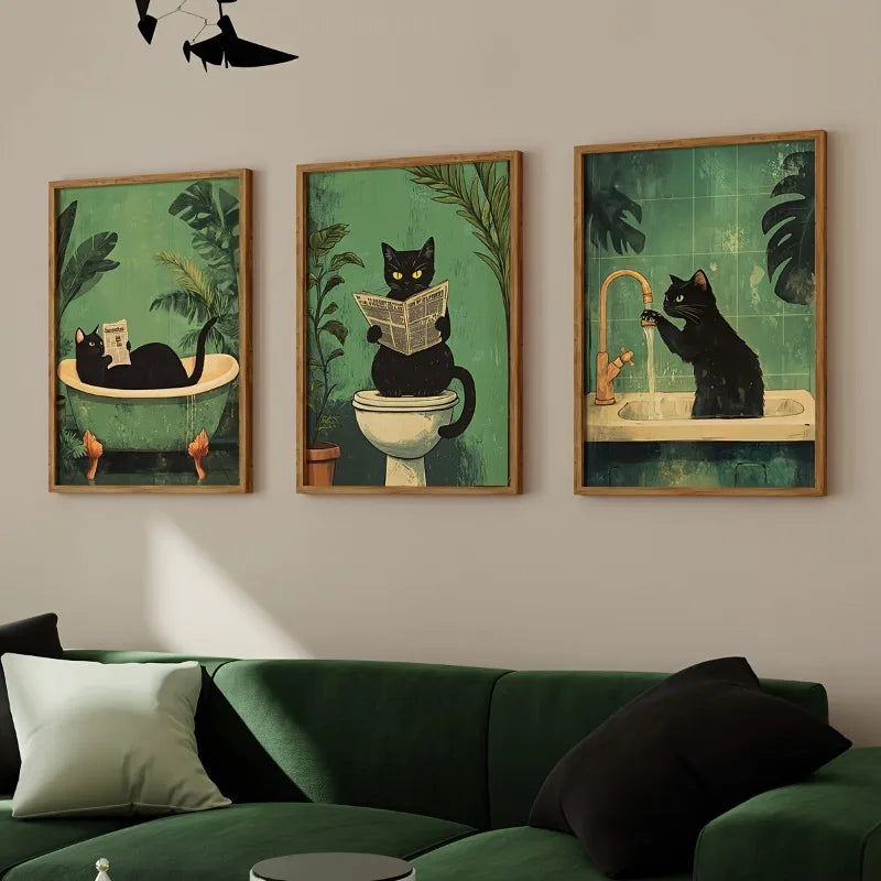 Set of 3 Funny Black Cat Canvas Prints - Vintage Animal Bathroom Wall Art Unframed