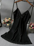 Women's Satin Lace Trim Slip Nightdress Spaghetti Strap Silky Nightgown Sleepwear