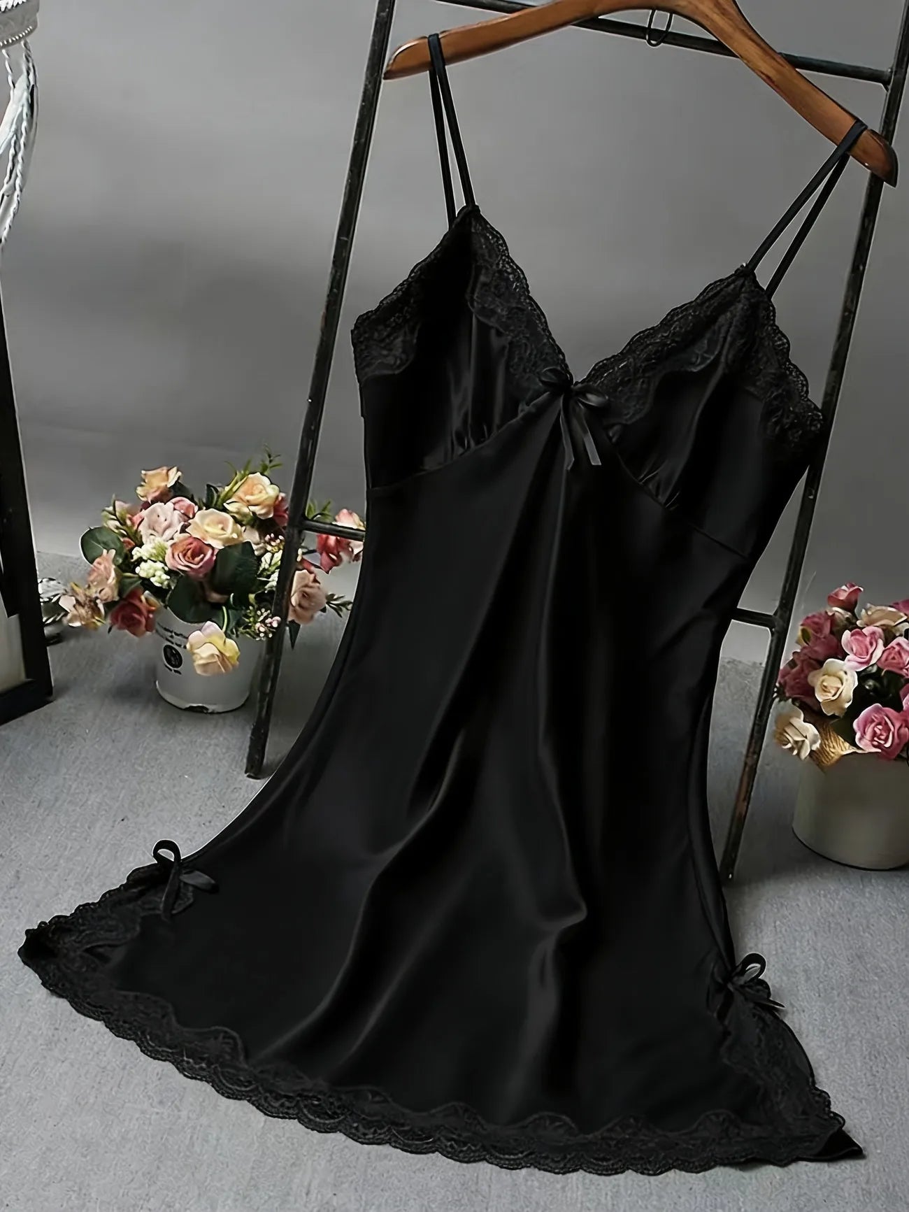 Women's Satin Lace Trim Slip Nightdress Spaghetti Strap Silky Nightgown Sleepwear