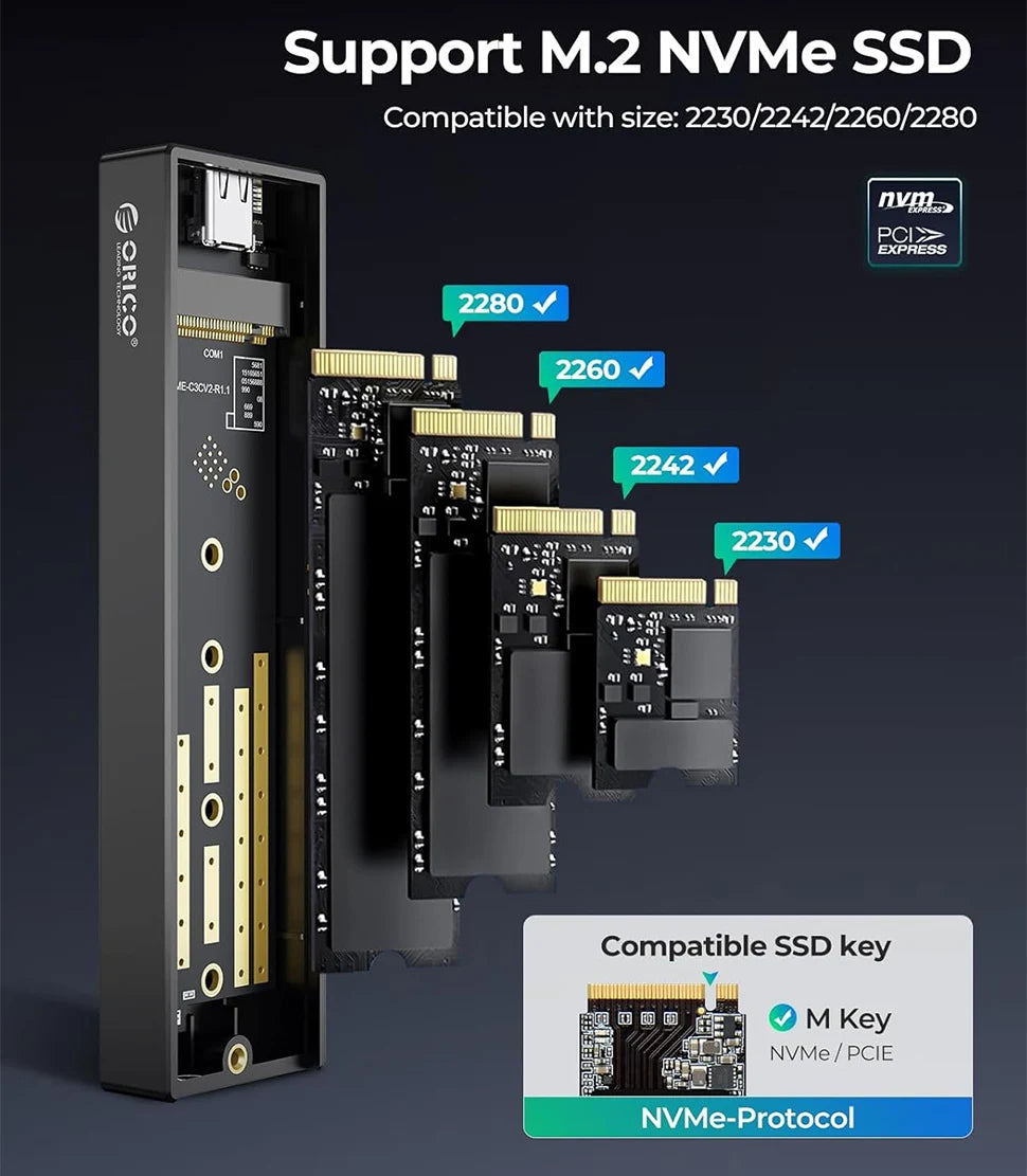 M.2 NVMe & SATA External SSD Enclosure USB-C / USB-A 10Gbps (USB 3.2 Gen2) Compatible with 2230/2242/2260/2280 Up to 4TB