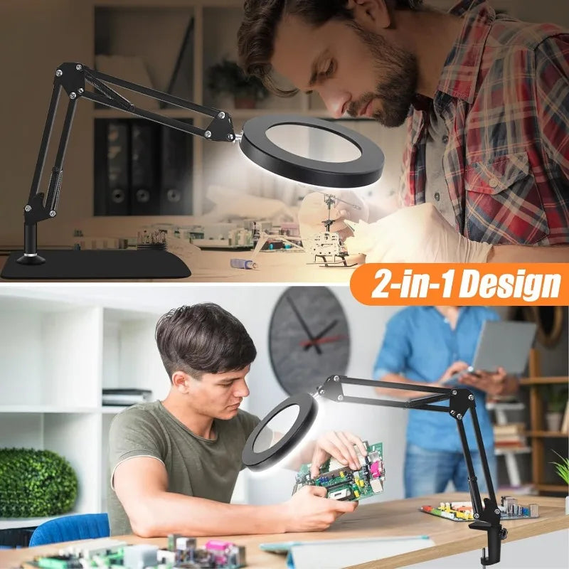 10X Magnifying Lamp with Light and Stand, 4.3 in (110 mm) Glass Lens — Dimmer Swing Arm 2-in-1 Desk Lamp & Clamp for Crafting, Reading, Repair