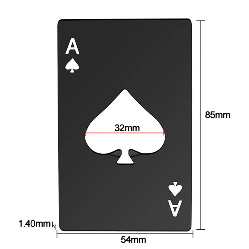 Poker-Shaped Credit Card Bottle Opener — Stainless Steel Wallet Size Beer & Can Opener (85 x 54 mm / 3.35 x 2.13 in) - Black/Silver
