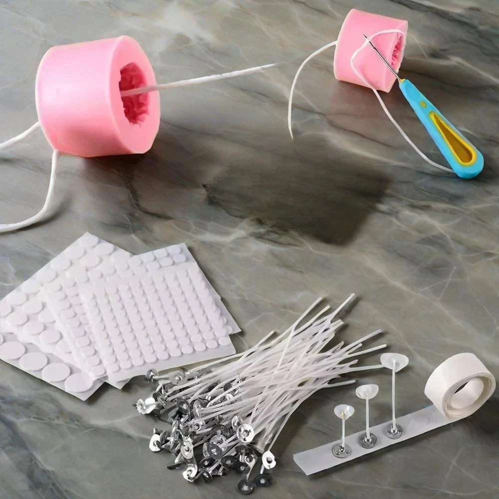 Pre-Waxed Cotton Candle Wicks 100-Pack (2.6–20 cm / 1.0–7.9 in) with Metal Bases, Adhesive Stickers & Holders — DIY Candle Making Kit