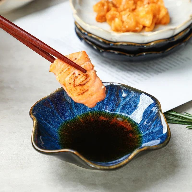 Japanese Style Ceramic Sushi & Sashimi Plate - Retro Kiln Glaze Mini Dipping Dish 11 x 11 x 3.1 cm (4.3 x 4.3 x 1.2 in)