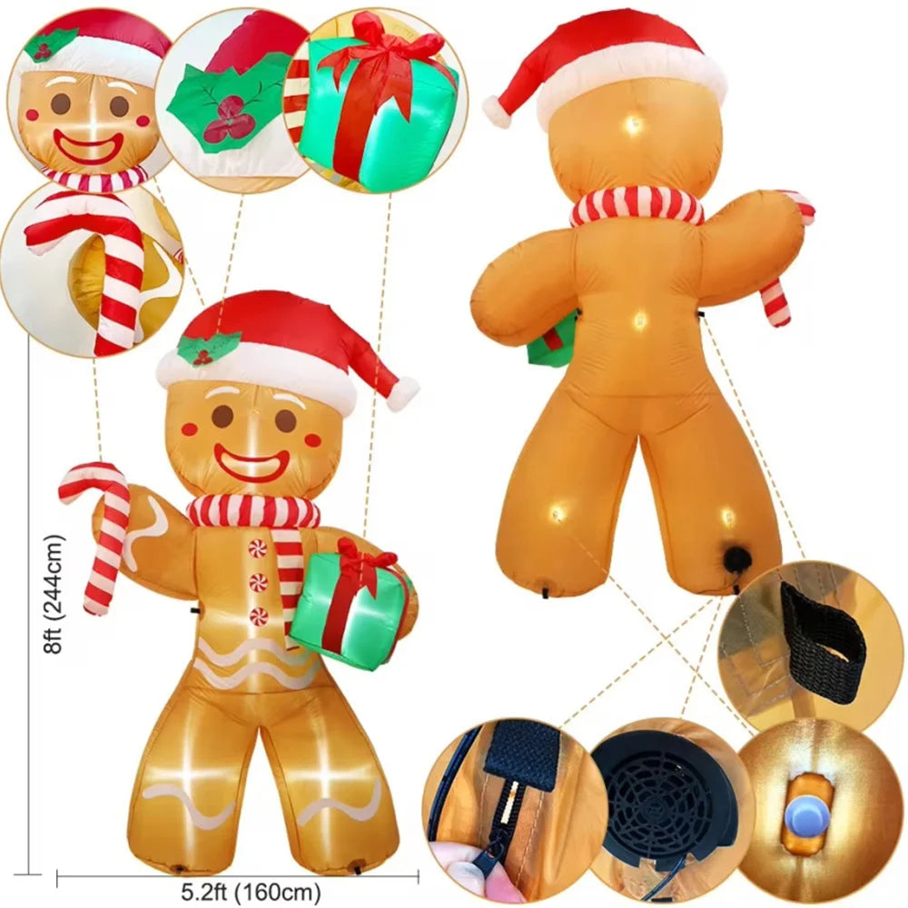 8 ft (2.4 m) Christmas Gingerbread Man Inflatable with LED Lights and Gift Sack - Outdoor Yard Lawn Decoration