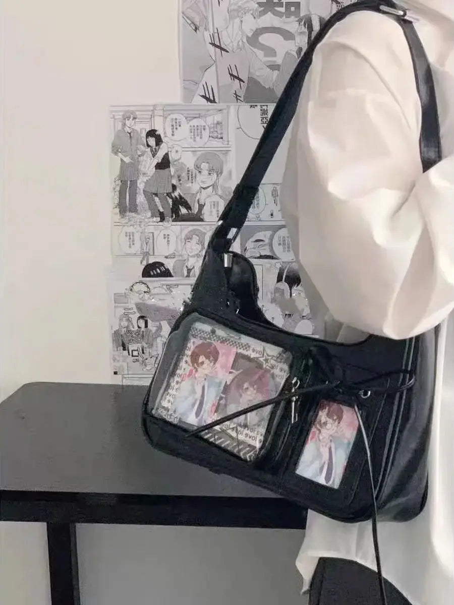 Harajuku Transparent Ita Shoulder Bag with Bow Accent – Korean Preppy School Crossbody Purse, Adjustable Strap