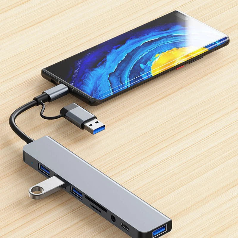 8-in-1 USB Hub Docking Station with USB-C & USB-A, SD/TF Card Reader and 3.5mm Audio Jack for Laptop Tablet Phone