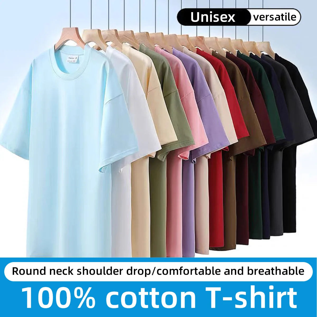 Unisex 100% Cotton Round Neck Short Sleeve T-Shirt - Casual Loose Fit Summer Tee