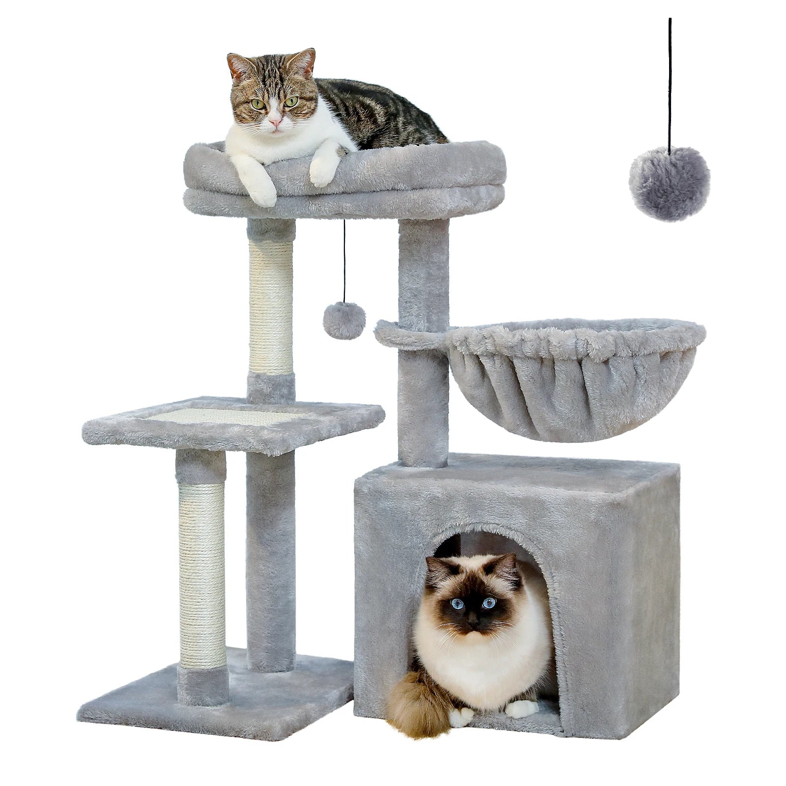 3-Tier Indoor Cat Tree Tower with Sisal Scratching Posts, Large Hammock & Removable Top Perch – Grey