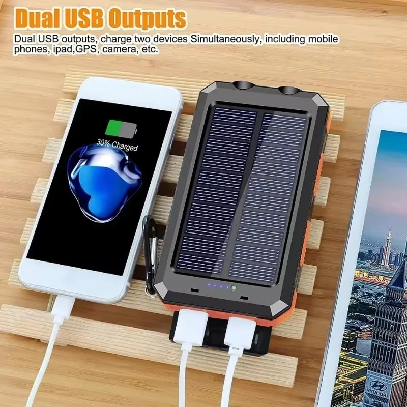 200000mAh Waterproof Solar Power Bank 20W Dual USB Portable Charger with LED Display & Flashlight for Camping