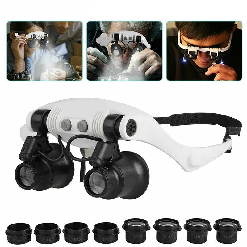 Headband Magnifier Glasses with LED Light – 10X/15X/20X/25X Jeweler Loupe for Watch & Jewelry Repair
