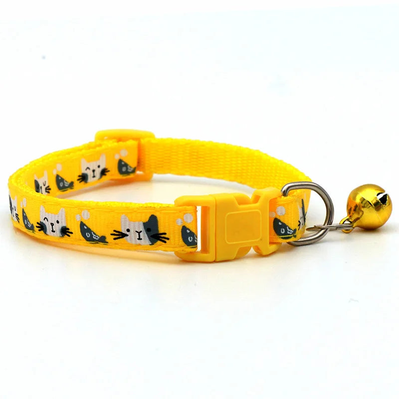 Adjustable Cat & Small Pet Collar with Bell — Colorful Cat Pattern, 19–32 cm (7.5–12.6 in), 1 cm (0.39 in) Width