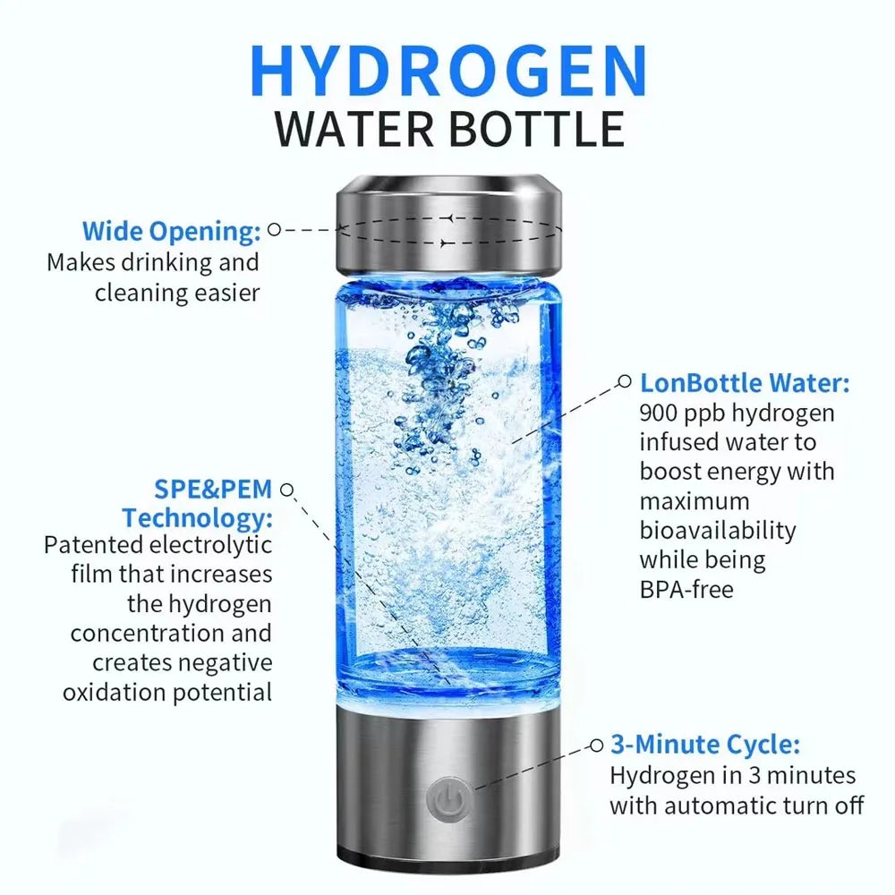420ml (14.2 fl oz) Portable Hydrogen-Rich Water Bottle USB Electric Hydrogen Generator Antioxidant Water Ionizer