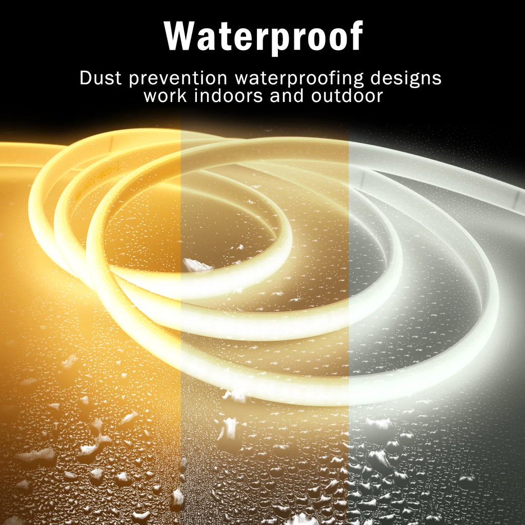 COB LED Strip Light 220-240V EU Dimmer Plug IP67 Waterproof Tape, 3000K/4000K/6000K, 288 LEDs/m
