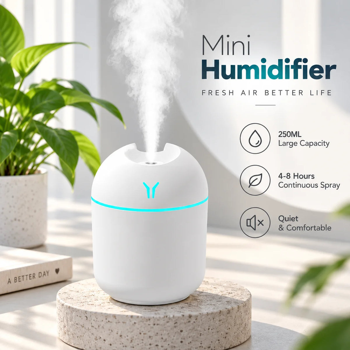 250ml Mini USB Humidifier Aromatherapy Diffuser - Cool Mist, RGB LED Night Light, Quiet for Home Car Office