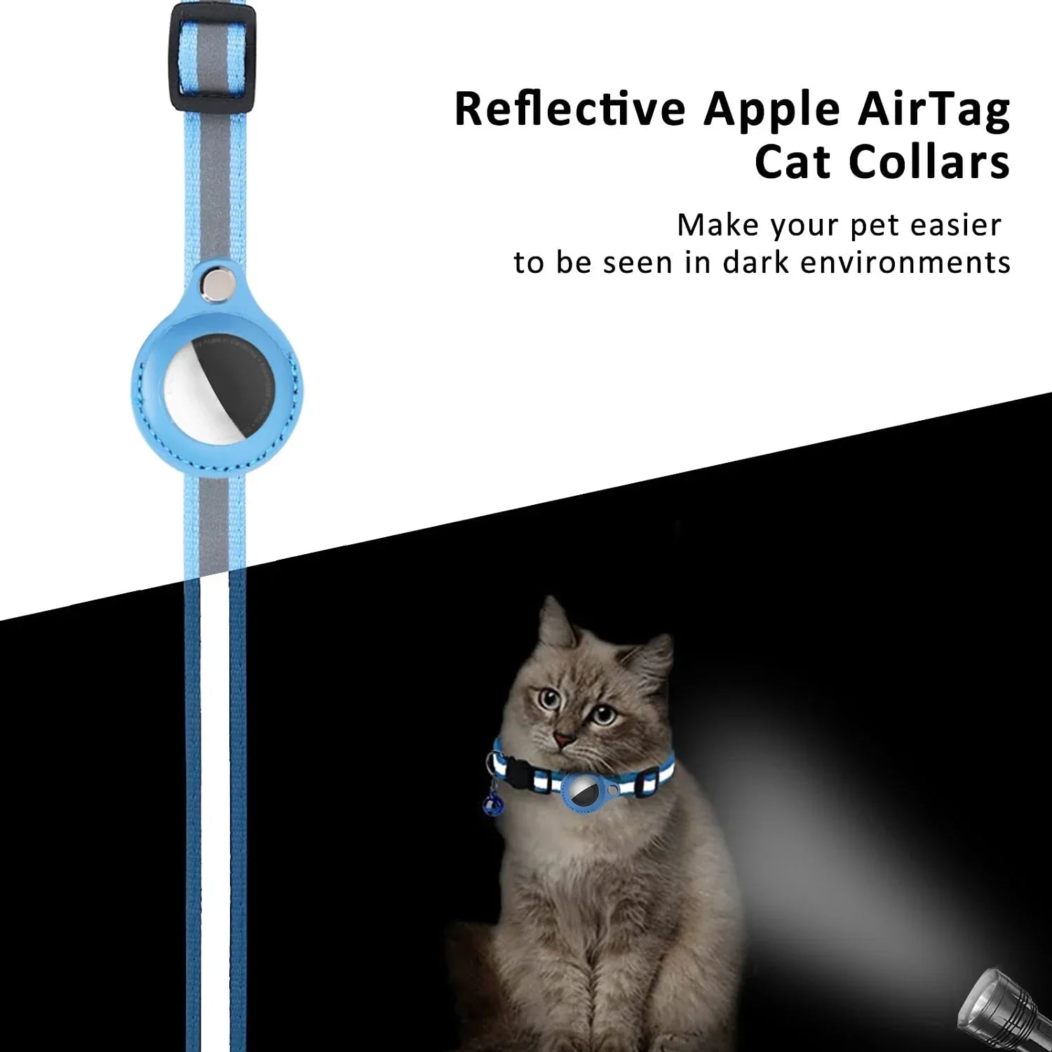 Adjustable Reflective Cat Collar with Tracker Case & Bell — Protective PU Holder for Bluetooth GPS Trackers, 22–34 cm (8.7–13.4 in)