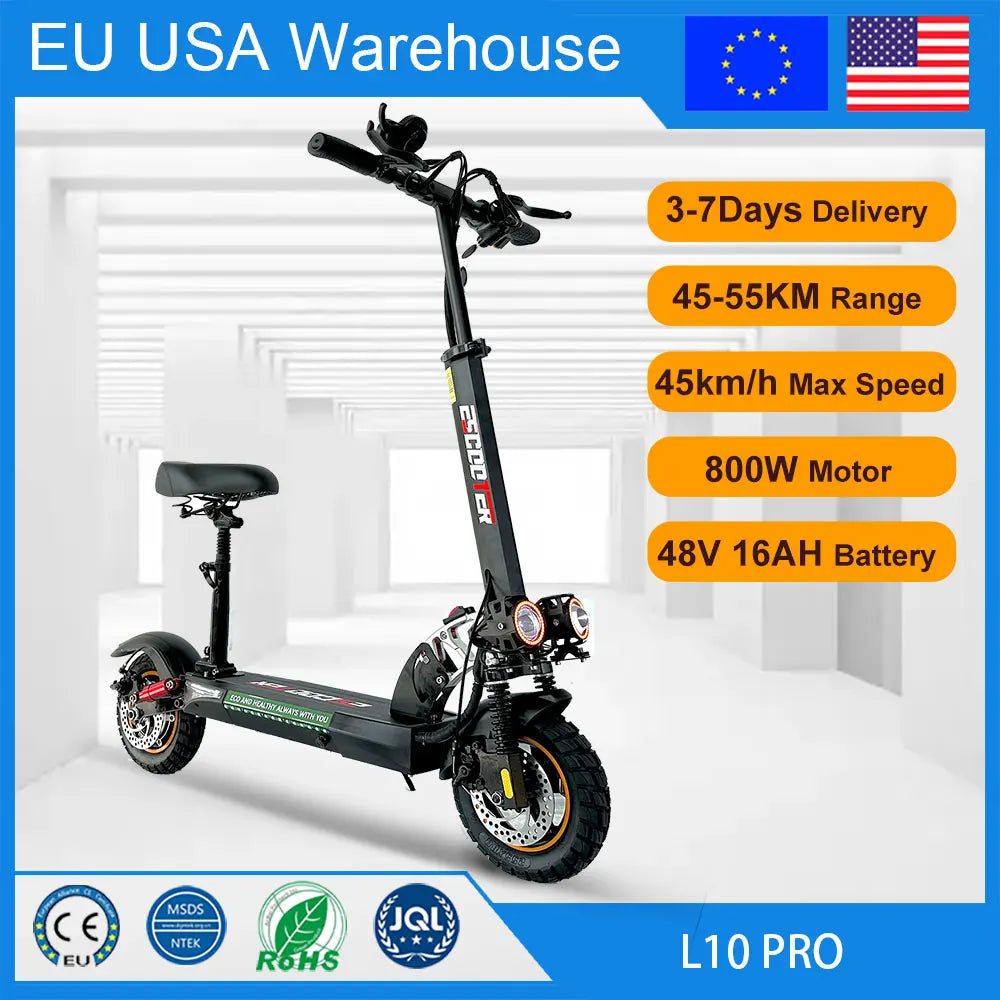 800W Foldable Electric Kick Scooter — 45 km/h Top Speed, 45–55 km Range, 10-Inch Off-Road Tires
