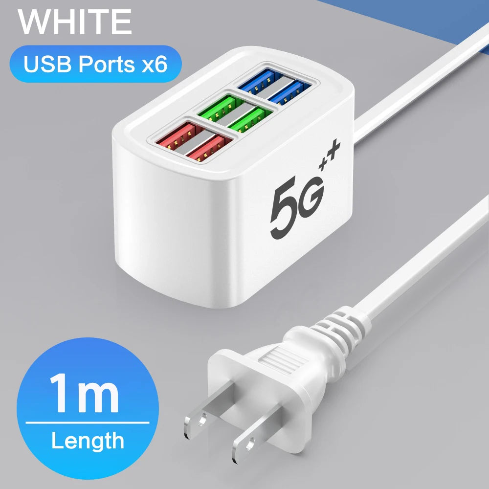 6-Port USB Travel Charger Hub – 120W Fast Charging Power Strip with EU & US Plug, Universal USB AC Adapter