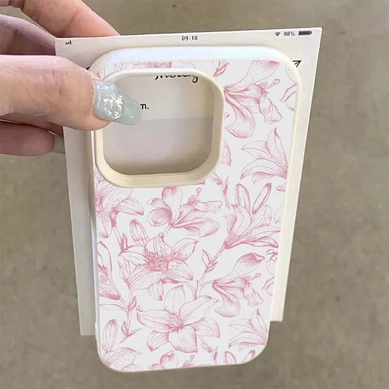 Pink Lily Floral Leather-Texture Shockproof Bumper Phone Case for iPhone - Anti-Drop Anti-Fingerprint
