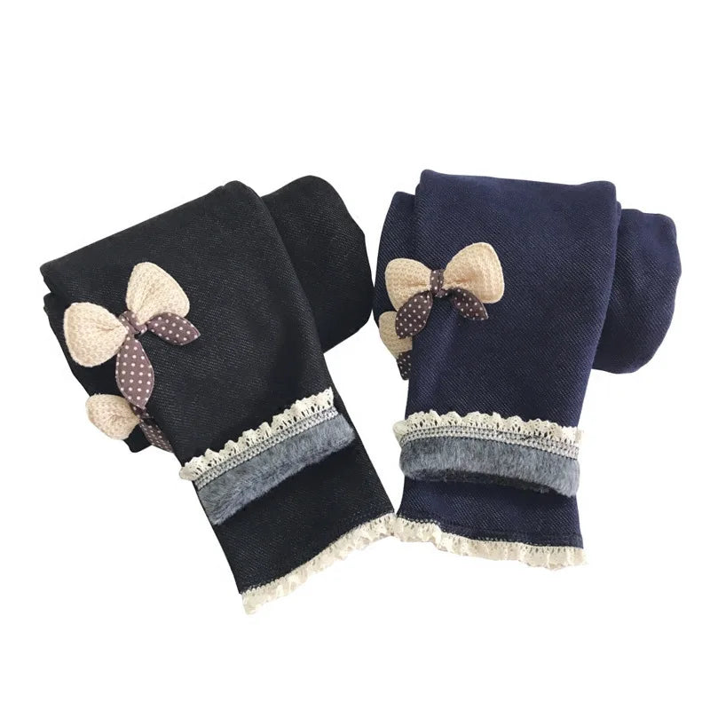 Girls Winter Thick Velvet Bow Leggings, Warm Fleece-Lined Jeans-Style Trousers for Kids