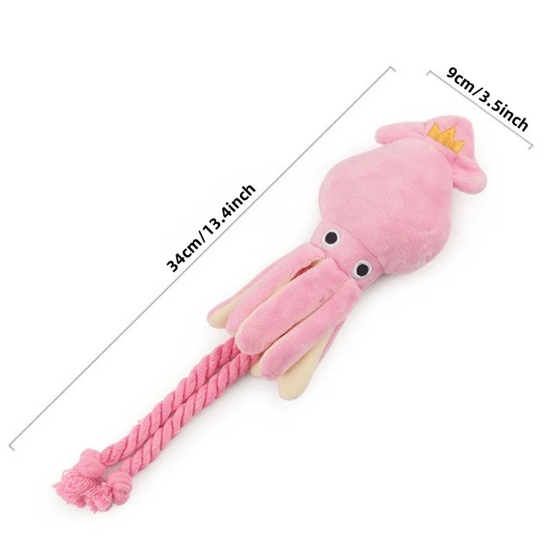 Octopus Plush Dog Chew Toy with Squeaker & Rope — Small Pink 13.4 x 3.5 in (34 x 9 cm) — Dental Cleaning Toy for Dogs & Cats