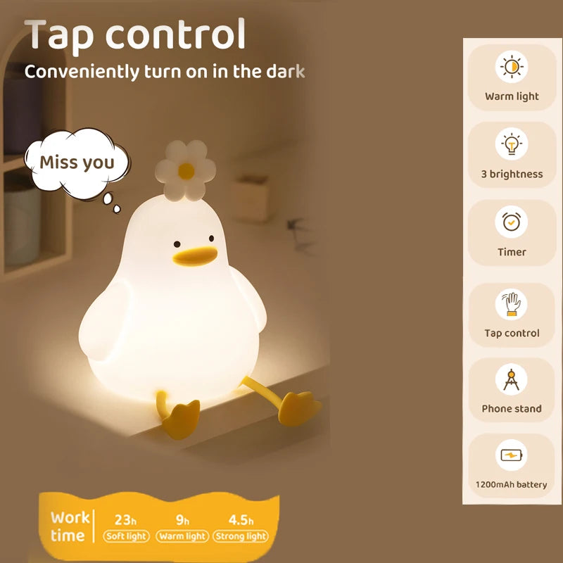 Cute Duck LED Night Light USB Rechargeable Silicone Touch Lamp for Kids Bedside Adjustable Brightness Birthday Gift
