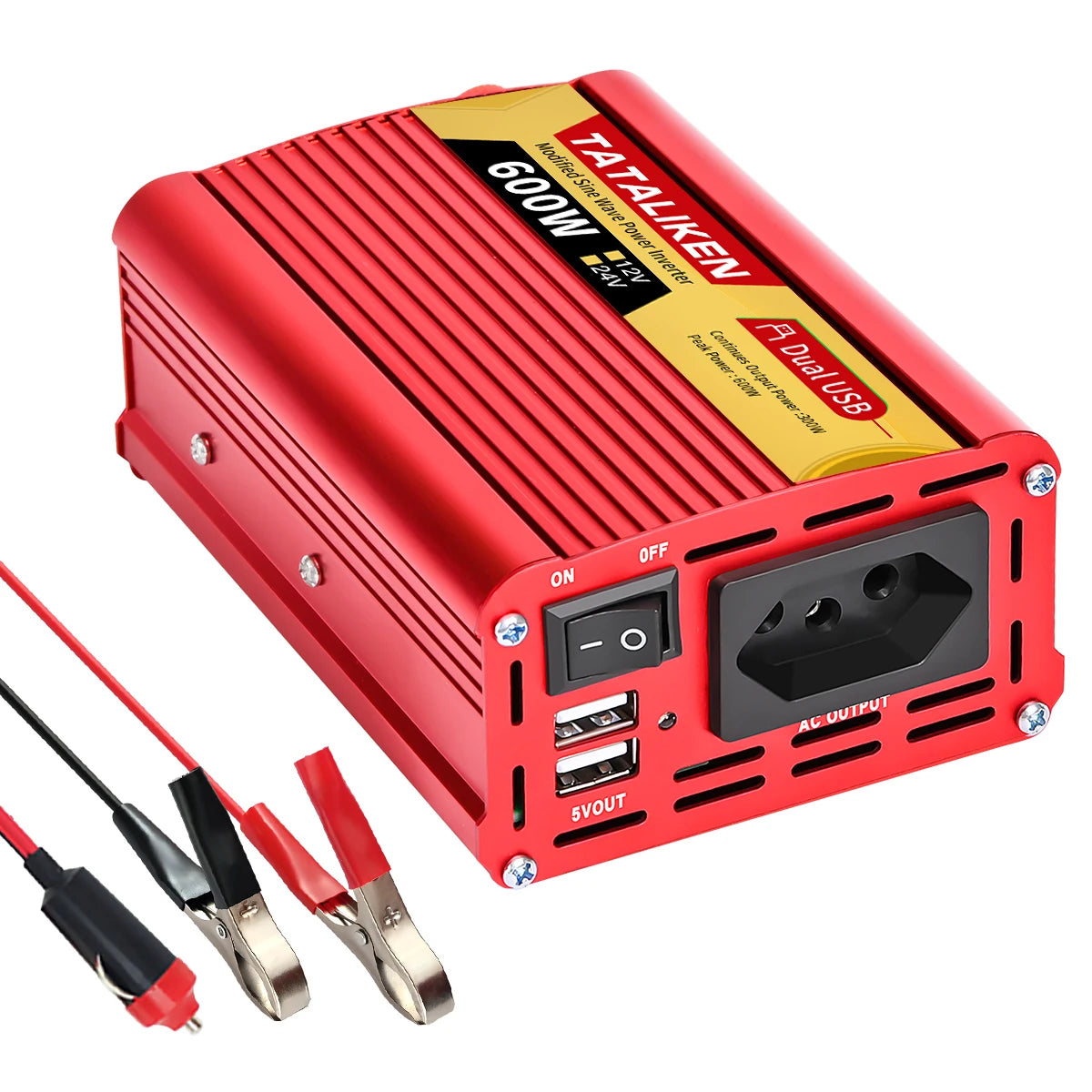 2000W Car Power Inverter 12V DC to 110V/220V AC 60Hz with Dual USB Quick Charge Adapter - Red