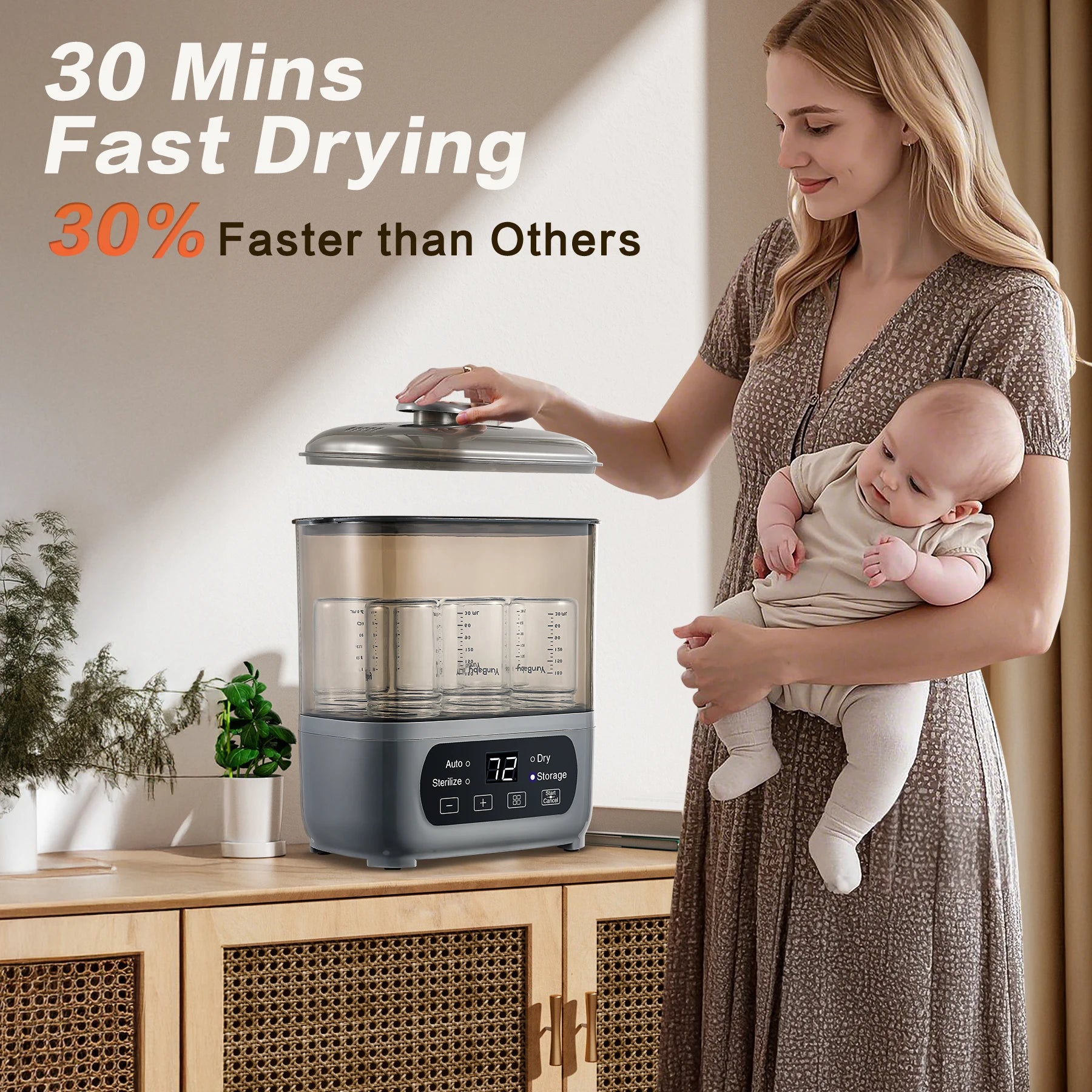 4-in-1 Baby Bottle Sterilizer & Dryer – 72H Sterile Storage, 30-Min Turbo Dry, Holds 6 Wide-Neck Bottles, 99.99% Germ-Free