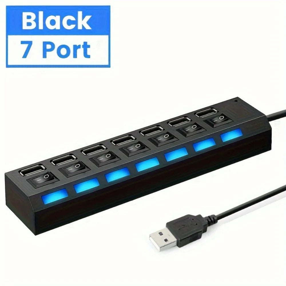 7-Port USB 2.0 Hub with Power Adapter, LED Indicators & On/Off Switch – 30 cm Cable, Portable USB Splitter for Laptop & PC
